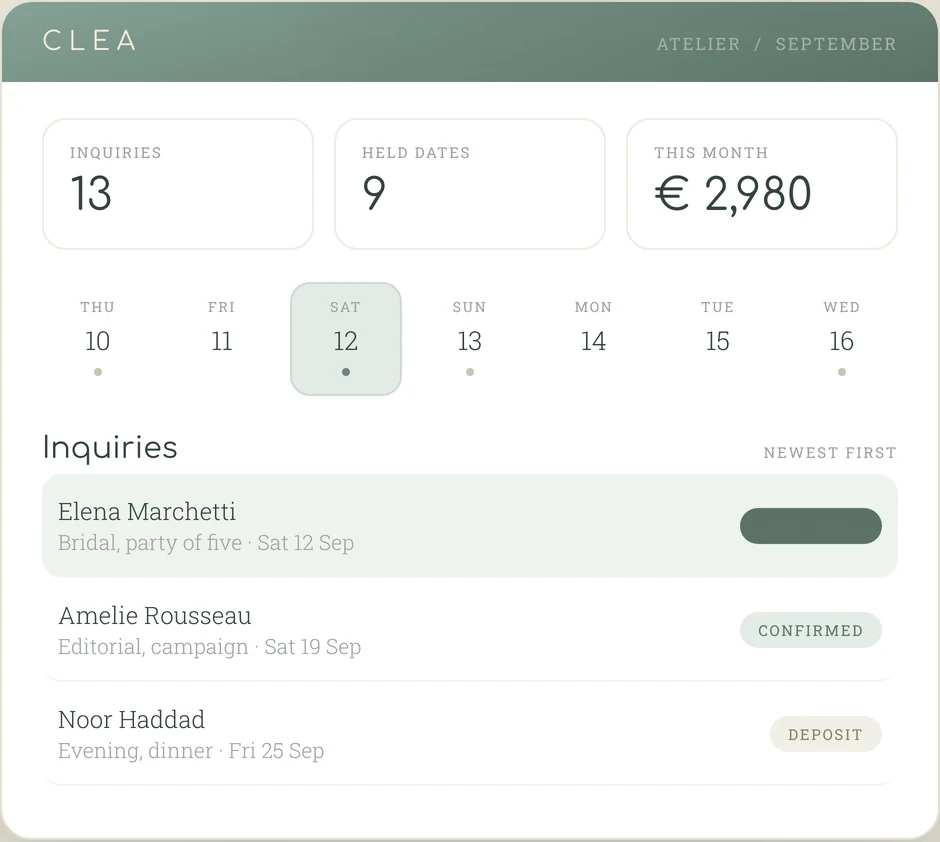 The Clea dashboard with a new inquiry